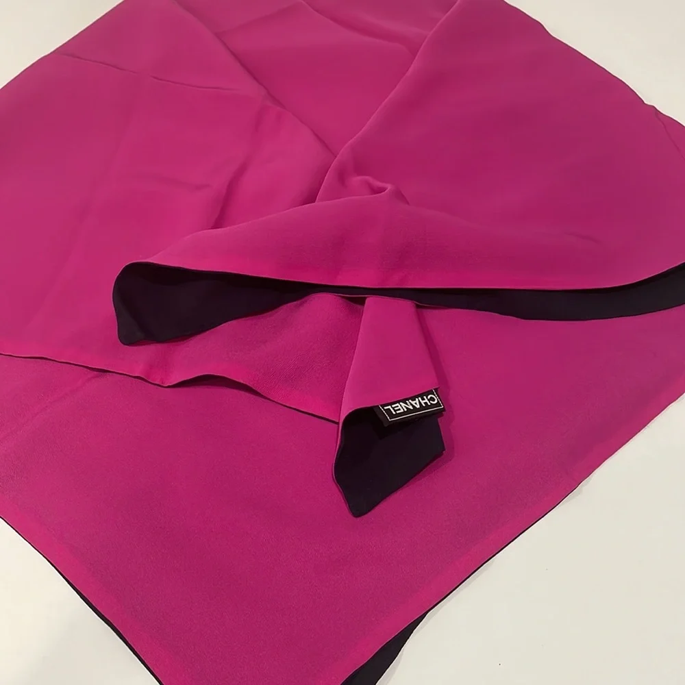 Vintage Double Sided Chanel Silk Scarf. Black reverses to magenta.